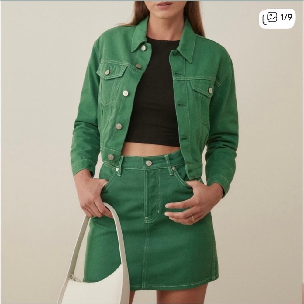 Reformation Cora Denim Cropped Jacket in Grass